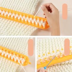 two pictures showing how to make a crochet blanket with yarn and plastic scissors