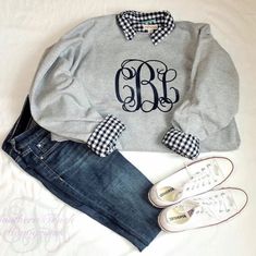 Monogrammed Crewneck Sweatshirt With Large Monogram Bachelorette Party Monogram Crewneck Personalized Sweatshirt Pullover Sweatshirt - Etsy Sweatshirt Monogram Ideas, Monogram Sweatshirt Ideas Vinyl, Business Casual Sweatshirt, How To Wear A Sweatshirt, Monogram Sweatshirt Ideas, Classic Preppy Style Women, Monogram Clothes, Fall Outfits Preppy, Monogrammed Sweatshirt