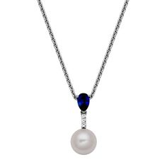 Put the perfect finishing touch on any ensemble with this Sterling Silver Genuine Cultured Pearl, Lab-Created Blue Sapphire & Cubic Zirconia Drop Pendant Necklace. Put the perfect finishing touch on any ensemble with this Sterling Silver Genuine Cultured Pearl, Lab-Created Blue Sapphire & Cubic Zirconia Drop Pendant Necklace. FEATURES Nickel free Metal: sterling silver Plating: rhodium Finish: polished Chain type: cable Packaging: boxedSTONE DETAILS Stone type: cubic zirconia, lab-created sapphi Formal Blue Necklace With Pearl Pendant, Formal Blue Jewelry With Pearl Pendant, Formal Blue Pearl Pendant Jewelry, Classic Blue Teardrop Necklace, Elegant Blue Necklace With Pearl Pendant, Drop Pendant Necklace, Drop Pendant, Cultured Pearls, White Diamond