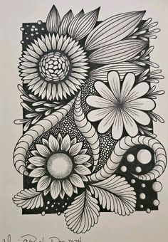 a black and white drawing of flowers