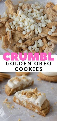 some cookies and marshmallows on top of each other with the words crumbl golden oreo cookies