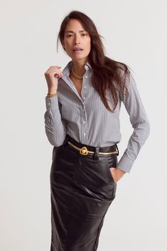 The Icon Shirt runs tailored at the waist, chest and back. For a contemporary fit, order true size. For a blousier fit, size up, or consider The Boyfriend Shirt for an even looser look. Our perfect fit cotton stretch button down now in a fun and fashionable stripe! Not to worry, your favorite fit is still here but we've added this sublime stripe. Best of all? Our patented No Gape® button technology has got you covered. We designed our best-selling Icon Shirt to be fitted throughout, giving you a Timeless Collared Tops For Business Casual, Timeless Spread Collar Tops For Office Wear, Timeless Relaxed Fit Workwear Tops, Timeless Office Wear Tops With Spread Collar, Timeless Relaxed Fit Tops For Work, Timeless Fitted Tops For Workwear, Timeless Fitted Tops For Work, Timeless Fitted Top For Business Casual, Timeless Fitted Top For Office Wear