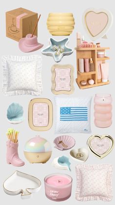 a bunch of items that are on top of a white surface with pink and blue accents