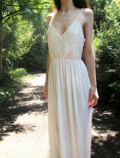 Ivory Gorgeous Gem! I have created the top part of this beautiful dress with true vintage 1970's nylon floral lace. I have hand-lined the front side of bust with ivory bamboo for a no-show through! Comfortable elastic waistline. Bottom fabric is ivory stretch bamboo. Bottom hem of dress is left raw for a bit of edge, allowing the fabric to drape naturally. Adjustable shoulder straps! ✿ Size: Small/Medium (Laying flat unstretched Bust measures 34", can comfortably stretch to 35" if needed) - For Wedding Dress Cottagecore, Floor-length Lace Trim Maxi Dress For Beach, Bohemian Floor-length Maxi Dress With Lace Trim, Maxi Dress Beach, Maxi Dress Boho, Dress Boho Wedding, Dress Cottagecore, Cottagecore Dress, Dress Beach