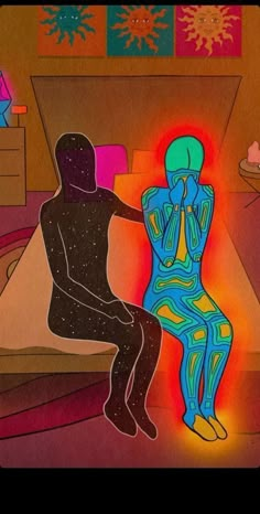 a drawing of two people sitting on a bed