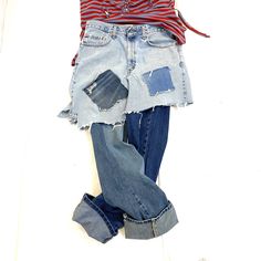 This raw destroyed, weathered  Levi jean combo is really great on.  'Looks like you are wearing a skirt over pants, but it is all one, attached piece without the bulk.  Intentionally distressed, multi colored, with patches. Each leg is a different shade/color.Please note that I use raw, destroyed, vintage Levi jeans that will have distress commensurate with age.  Expect random distress that comes with wear and tear. This is not New denim.I can custom make a pair for you using your measurements.  I need your waistline measurement at and around the belly button, and your hip line measurement around the fullest part of your hips.  I need the measurement around the fullest part of one thigh, and  I need to know the measurement from the top of your actual waist down the side of your leg to the Distressed Skirt, Vintage Levis Jeans, Destroyed Denim, Upcycled Denim, Levis Jeans, Vintage Jeans, Jeans Pants, Handmade Clothes, Skirt Pants