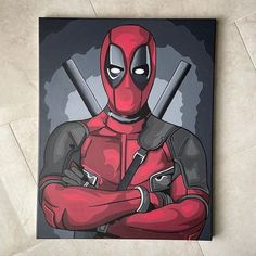 a painting of a deadpool holding two swords on a tile floor in front of a wall