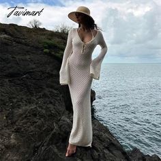 Tavimart Casual Crochet Long Sleeve Backless Sexy V - Neck Bodycon Elegance Evening Dress Autumn Stretch Crochet V-neck Dress For Vacation, Crochet V-neck Dress For Beach Party, Fitted V-neck Cover-up For Beach Party, Fitted Long Beach Dress For Beach Party, V-neck Open Knit Crochet Dress For Beach Season, Beach Season V-neck Open Knit Crochet Dress, Fitted Long Crochet Dress For Beach Season, V-neck Crochet Beach Dress, Fitted V-neck Beach Dress For Vacation