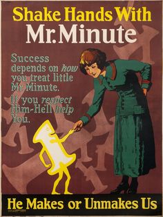 an old poster advertising shake hands with mr minute, showing a woman holding a key