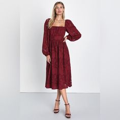 With The Help Of The Lulus Flirtatious Nature Burgundy Floral Jacquard Lace-Up Midi Dress, Everyone Is Sure To Be Drawn To Your Undeniable Charm! Airy Woven Chiffon, That Boasts A Burnout Floral Jacquard Design Throughout, Shapes This Perfect Spring Dress That Has A Lightly Gathered Bodice, A Square Neckline, And Semi-Sheer Balloon Sleeves With Elastic At The Shoulders And Cuffs. A Flirty Lace-Up Back And A Fitted Banded Waist Top A Flowy A-Line Skirt That Falls To A Midi Hem. Hidden Back Zipper Fall Midi Dress, Burgundy Midi Dress, Red Christmas Dress, Midi Dress Fall, Gathered Bodice, Christmas Dress Women, Christmas Dresses, Jacquard Design, Fall Family Photos