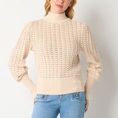 Cozy up in style during the cooler months with this chic women's mock neck pullover sweater from Ryegrass. It's crafted from ribbed knit cotton and has a regular-fit and long balloon sleeves for a touch of charm. Wear it with jeans and ankle booties for casual days. Closure Type: Pullover HeadFit: Regular FitNeckline: Mock NeckSleeve Length: Long SleeveSleeve Style: Balloon SleeveApparel Length: 23 InchesFiber Content: 100% CottonFabric Description: Rib KnitCare: Machine WashCountry of Origin: I Chic Knit Turtleneck For Spring, Chic Spring Knit Turtleneck, Chic Cream Turtleneck For Fall, Knit Turtleneck Mock Neck Top For Fall, Fall Knit Mock Neck Turtleneck Top, Cream Turtleneck For Fall, Chic Beige Turtleneck For Winter, Cream Pointelle Knit Sweater For Fall, Spring Knit Mock Neck Turtleneck Top