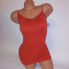 Dots Womens Tank Top Camisole Medium Burnt Orange Lace Trim Stretchy 90% Nylon 10% Spandex Bust Unstretched 13" Length 22" New With Tags *Bundle To Save Chavonne11 6w Seamless Scoop Neck Tank Top For Party, Red Stretch Camisole With Tank Straps, Red Stretch Camisole For Spring, Seamless Stretch Camisole For Party, Stretch Seamless Camisole For Party, Seamless Bodycon Camisole, Red Stretch Cami Camisole, Orange Cami Top, Red Tank Top With Spaghetti Straps And Built-in Bra