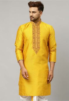 Art Dupion Silk Jacquard Kurta in Yellow This Readymade attire is Enhanced with Buttons and Resham Work. Crafted in Chinese Collar Neck and Full Sleeve Do note: Bottom and Footwear shown in the image is for presentation purposes only. Half to one inch may vary in measurement. (Slight variation in actual color vs. image is possible) Festive Gold Kurta With Floral Embroidery, Gold Kurta With Floral Embroidery In Traditional Drape, Gold Traditional Wear Straight Kurta With Floral Embroidery, Gold Kurta With Floral Embroidery For Eid, Long Sleeve Kurta With Gold Embroidery For Diwali, Gold Embroidery Long Sleeve Kurta For Diwali, Traditional Jacquard Sets With Resham Embroidery, Embroidered Jacquard Wedding Sets, Wedding Embroidered Jacquard Sets