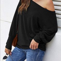 Brand New Women's Off The Shoulder Top Long/Short Sleeve Casual Oversized Shirts Loose Tunic Tops Versatile Oversized Black Tops, Trendy Black Top With Batwing Sleeves, Oversized Solid Color Tops For Day Out, Versatile Oversized Solid Color Top, Black Batwing Sleeve Tops For Spring, Oversized Black Top, Black Top For Day Out, Versatile Black Batwing Sleeve Tops, Casual Batwing Sleeve Tops For Day Out