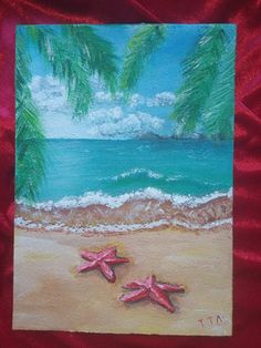 two starfishs on the beach with palm trees