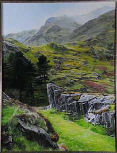 an oil painting of mountains and grass