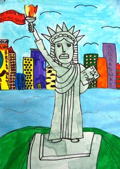 a drawing of the statue of liberty in front of a cityscape with buildings