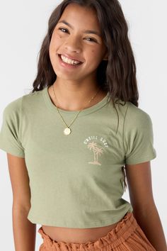 O'Neill Girl's cutie tee 15" In length Soft cotton feel Screen print art 100% Cotton | O'Neill Girl's Palm Emblem T-Shirt in Oil Green, Size XL Screen Print Art, Screen Printing Art, Snow Accessories, Spring Suit, Swim Sets, Swim Shop, Snow Jacket, One Piece Swim, Suit Accessories