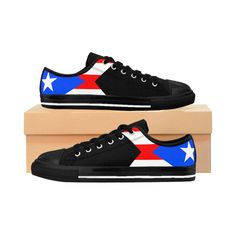 Puerto Rico Shoes, Men's Canvas Sneakers.  Represent your Puerto Rican pride with every step in these sleek and stylish black canvas sneakers featuring the iconic Puerto Rican flag! The uppers are constructed from durable black canvas with the red, white, and blue puerto rican flag printed near the back. Please use the heel to toe measurements provided in the size chart before making your selection! These sneakers take up to 3 weeks to arrive, but they are worth the wait! These low top kicks are Puerto Rican Men, Black Canvas Sneakers, Caribbean Outfits, Puerto Rican Flag, Puerto Rican Pride, Sneakers Athletic, Star Shoes, Worth The Wait, Puerto Rican