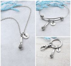 "This listing is for a personalized \"Mic\" charm. You are able to choose between a keyring, bangle bracelet, or necklace from the drop-down menu. ➸Details: *Antique silver Microphone: 25x7mm *Initial Letter of your Choice: 10mm [ NECKLACE ] ➸Stainless steel chain with a lobster clasp is non-tarnishing and great for those with a sensitivity to metals. Available in 6 different lengths from the drop-down menu. ★To add an extender chain, click here: https://www.etsy.com/listing/1156676130 [ BANGLE Silver Microphone, Spirit Gifts, Stainless Steel Bangles, Cute Keychain, Initial Letter, Necklace Personalized, Organza Bags, Steel Chain, Stainless Steel Chain