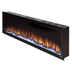 an electric fireplace with flames on the side