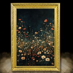 an oil painting of flowers in a gold frame on a wooden floor with a black background