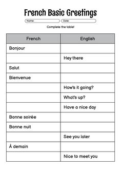 french basic greetings worksheet with two different words in the same language,