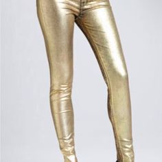 J Brand Foil Pants New With Tags Metallic High Rise Fitted Bottoms, Fitted High Rise Metallic Bottoms, Spring Stretch Gold Pants, Chic Stretch Gold Bottoms, Trendy Gold Bottoms For Fall, Gold Stretch Full Length Bottoms, Trendy High Rise Metallic Bottoms, Metallic Straight Leg Bottoms For Fall, Fall Metallic Straight Leg Bottoms