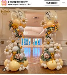 balloons and flowers decorate the entrance to a party