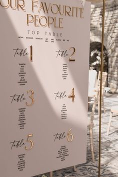 the table numbers for our favorite people are displayed on a white sign with gold lettering