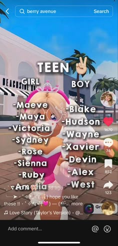 an iphone screen with the words teen boy and girl in different languages, including names