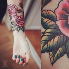 a woman's arm with flowers on it and a pink rose tattooed on the wrist