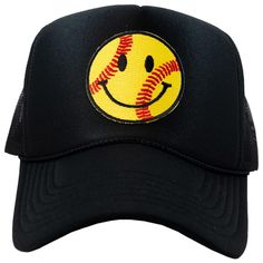 a baseball hat with a smiley face on it