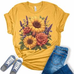 Style: Add some sunshine to your wardrobe with our stylish flower shirts for women! These graphic tees for women are the perfect blend of style and comfort and are sure to add some fun and fashion to your attire. Quality: Our nature lover tops for women are designed and printed with love in the USA. We use high-quality inks on our premium Bella Canvas unisex sunflower tshirt for a bold and stylish look. Fabric: Our womens tops are crafted with a premium blend of 100% Airlume combed and ring-spun Yellow Printed T-shirt For Fall, Yellow T-shirt With Sunflower Design For Spring, Yellow Plants Print Short Sleeve T-shirt, Yellow Short Sleeve T-shirt With Plant Print, Yellow Graphic Tee With Floral Print, Yellow Plant Print Summer Top, Yellow T-shirt With Plant Print For Summer, Casual Sunflower Design T-shirt With Relaxed Fit, Casual Sunflower Design T-shirt In Relaxed Fit