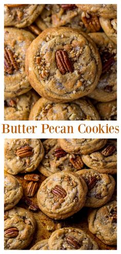 butter pecan cookies stacked on top of each other with pecans in the middle