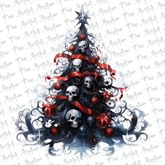 a christmas tree decorated with skulls and red ribbons is featured in this digital painting style