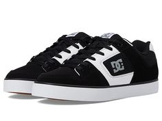 DC Pure - Men's Skate Shoes : Black/White/Gum : Stay true to your style with the classic and ride-ready profile of the DC Pure skate shoes. Skateboard shoes with uppers of durable leather or suede. Lightweight mesh tongue and upper panels. Perforated upper panels and collar. Internal elastic holders for added foot stability. Extremely gummy DGT PLUS rubber front sole wall. Innovative, patent-pending DGT rubber bottom for enhanced board control and durability. Sole design provides excellent groun High-top Skate Shoes With Perforated Toe Box For Streetwear, Low-top Skate Shoes With Rubber Sole, Urban Style Skate Shoes With Rubber Sole, Casual Low-top Skate Shoes With Rubber Heel Cap, Sporty Lace-up Skate Shoes With Rubber Heel Cap, Sports Skate Shoes With Rubber Heel Cap, High-top Synthetic Skate Shoes With Contrast Sole, Urban Skate Shoes With Round Toe, High-top Skate Shoes With Rubber Heel Cap