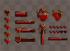 pixel art set with hearts, swords and other items in the style of pixel art