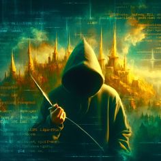 a man in a hooded sweatshirt holding a knife and looking at a computer screen with the city on it