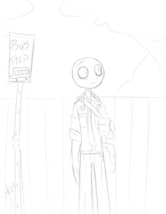 a drawing of a person standing next to a sign