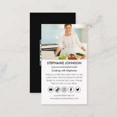 a black and white business card with an image of a woman cooking