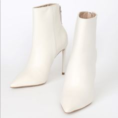 Brand New. Price Is Firm, Please Chic High Ankle Booties With Padded Ankle, Elegant Pointed Toe Booties With Padded Ankle, Chic Spring Boots With 4-inch Heel, Cream Pointed Toe Evening Boots, Chic Ankle Booties With 4-inch Heel, Chic Cream Pointed Toe Heeled Boots, Chic Heeled Boots With Ankle Strap For Spring, Elegant Beige Ankle Strap Boots, Chic Cream Heels For Fall