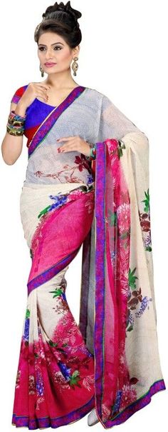 Khoobee Presents Pink,Multi Color Printed Georgette Saree With Unstitched Bhagalpuri Blouse Piece. Having Absolute Great Designs. Charming Color Combination Makes It More Able. Ideal For Parties And Festivals. #makeupaddict #makeuplover #makeupjunkie #selfie Pink Sarees, Pink Saree, Color Combination, Makeup Lover