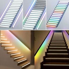 there are stairs with lights on them and the bottom is lit up in different colors