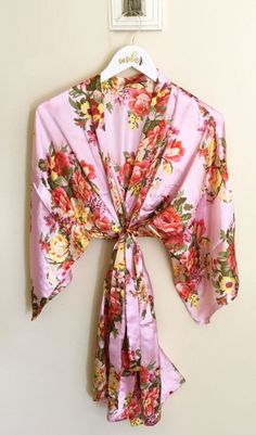 Floral Robe | Bridesmaid Robe Set | Bridesmaid Gifts | Wedding Getting Ready Robes Spring Wedding Sleepwear With Kimono Sleeves, Summer Wedding Satin Robe, Spring Wedding Wrap Kimono, Feminine Satin Robe For Summer, Pink Silk Wedding Robe, Feminine Satin Summer Robe, Feminine Summer Satin Robe, Wrap Kimono For Spring Wedding, Spring Wedding Satin Sleepwear