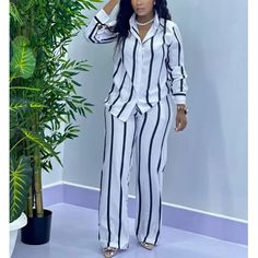 African Fashion Stripe Two Piece Set Women Spring Autumn Casual Button Long Sleeved Shirt Wide Leg Striped Two Piece, Office Wear Women, Pants Women Fashion, Autumn Casual, African Fashion Women, Long Sleeved Shirt, Pantalon Large, Set Women, Casual Sets