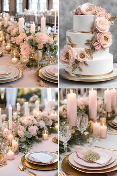 wedding cake with pink flowers and candles on the side, surrounded by greenery and gold place settings