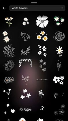 white flowers are arranged in the shape of letters and numbers on a black background with an arrow