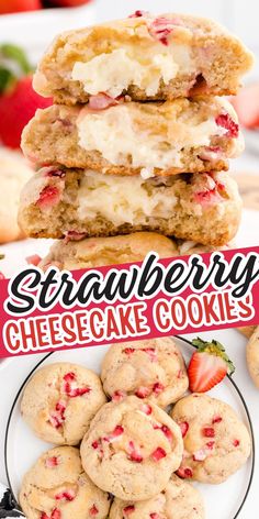 strawberry cheesecake cookies stacked on top of each other