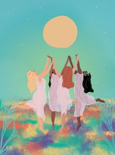 three women in pink dresses are reaching up into the sky with their arms and legs